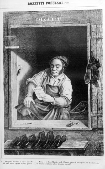 Szewc w XIX wieku: jeśli nałożymy zbyt wysokie podatki na obcasy, ilu wysokich mężczyzn stanie się drobniejsze... autorstwa Unknown artist