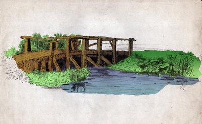 Drewniany mostek nad rzeką (rysunek ok. 1830 r.) autorstwa Unknown artist