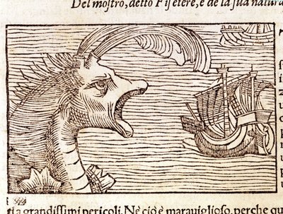 Kaszalot (?) (physeter) atakuje statek. Grawer Olausa Magnusa (1490 - 1557), szwedzkiego zakonnika i geografa, „Historia de Gentis Septentrionalibus”, Wenecja autorstwa Unknown artist