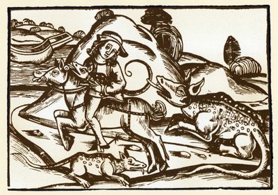 Podróżnik spotyka dwa potworne tygrysy o wyglądzie Bazyliki. Bajki Esope (rycina, koniec XV w.) autorstwa Unknown artist