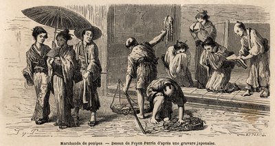 Podróżujący sprzedawca ośmiornic oferuje swoje produkty przechodniom na Edo Street (lub Yedo Street, obecnie Tokio). Rycina ilustrująca podróż do Japonii w latach 1863-1864 autorstwa Aime Humberta, ministra Konfederacji Szwajcarskiej, w „Le tour du monde,  autorstwa Unknown artist