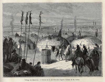 Wioska Indian Mandans (lub noumah ka kie: bażanty) na lewym brzegu Missouri, 600 mil od miasta Saint Louis. Rycina ilustrująca wyprawę wśród plemion indiańskich w dorzeczach Kolumbii i Górnej Missouri, G. Catlin, w 1 autorstwa Unknown artist