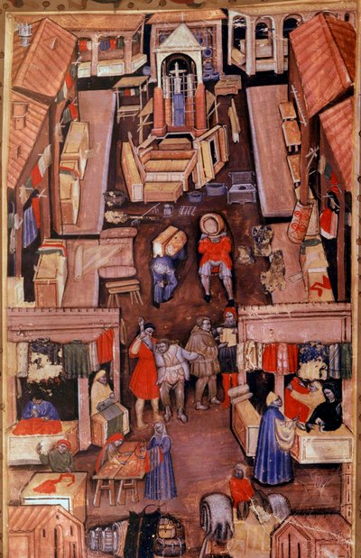 Spacer: sukiennicy, krawcy, handlarze odzieżą we francuskim miasteczku. U góry konstrukcja miniaturowego kościoła z XV-wiecznego rękopisu Paris, B.N. autorstwa Unknown artist
