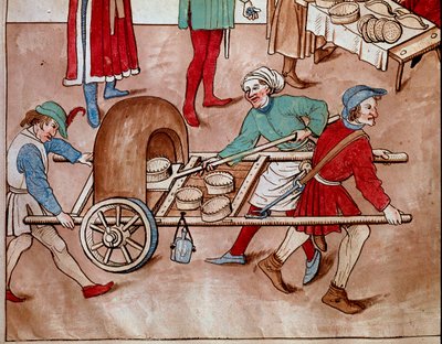 Chodzący piekarz. Miniatura z „Kroniki soboru w Konstancji” Ulricha Richentala (1360-1437) 1438 ok. Praga, biblioteka narodowa autorstwa Unknown artist
