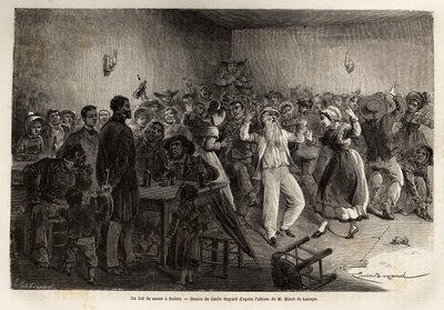 Bal ślubny w Salers, grawer ilustrujący podróż do wulkanów środkowej Francji w 1864 r. w „Le tour du monde, nouveau journal des voyages” wydanej pod kierunkiem Edouarda Chartona autorstwa Unknown artist