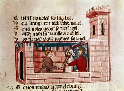 Kobieta spotyka króla w zamku i wręcza mu miniaturowy prezent od „Entree of Spain””. Wenecja z XIV wieku, Biblioteca Marciana. autorstwa Unknown artist