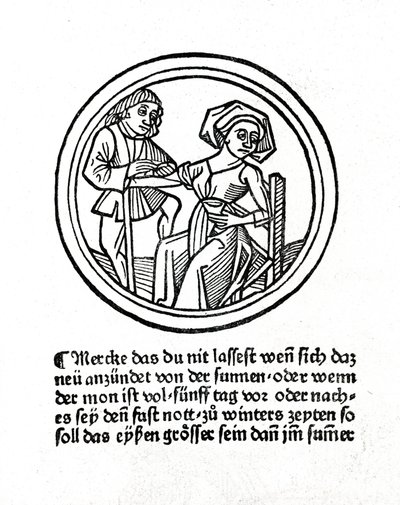 Kobieta krwawi. Ksylografia w „Buch de Surgery” Hyeronimusa Braunschweiga. Strasburg 1497 autorstwa Unknown artist