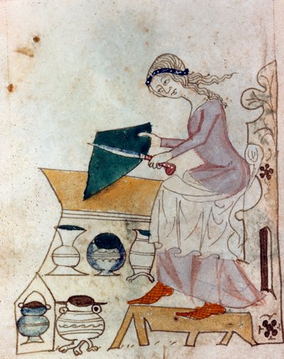 Młoda kobieta ostrzenie noża. Miniatura zaczerpnięta z prowansalskiego rękopisu typu „Dis des philosophes” (MS Palat. 586) XIV-wieczna Biblioteca Nazionale Florence autorstwa Unknown artist