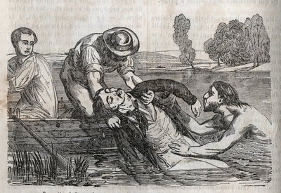 Medycyna powypadkowa - na najskuteczniejszą ulgę dla topielców - aby usunąć tonącego z wody, trzeba to zrobić jak najdogodniej - grawer w "La Sante Universelle - Guide Medical des Families" 1852 autorstwa Unknown artist