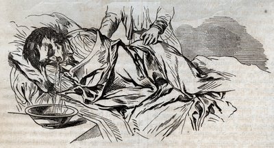 Medycyna wypadkowa - o najskuteczniejszej uldze dla topielców - orzechowe pieluchy na boku i wymioty z wody, którą wypił - grawer w "La Sante Universelle - Guide Medical des Familles" 1852 autorstwa Unknown artist