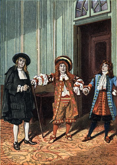 II akt komediowo-baletowy „Le Bourgeois Gentilhomme” w pięciu aktach prozą Moliera. Mistrz filozof (Pan Lenoir), mistrz tańca (Pan Truffier), Pan Jourdain (Młodszy Pan Coquelin). Około 1890 roku. autorstwa Unknown artist