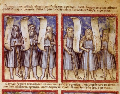 Po Genealogii Adama następują Seth, Enoch (Enoch lub Enosh), Kenan, Mahalalel (Mahalalel) i Jared (lub Jared), wielcy patriarchowie Miniaturowej Biblii. autorstwa Unknown artist
