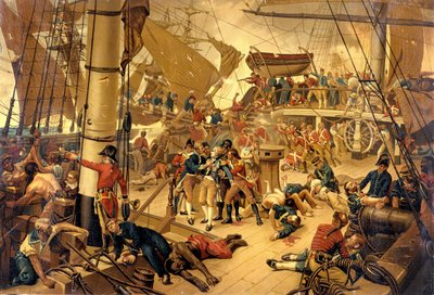 Admirał Nelson ciężko ranny na Moście Zwycięstwa podczas bitwy pod Trafalgarem 21.10.1805. autorstwa Unknown artist