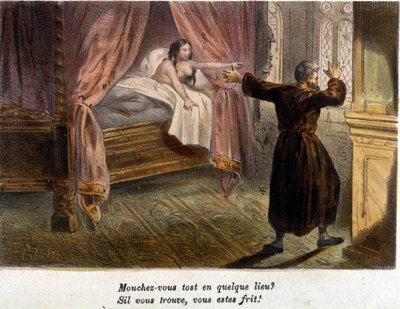 Cudzołóstwo: zdziwiony mnich próbujący się ukryć i naga kobieta w łóżku. Litografia SD. początek XIX wieku. autorstwa Unknown artist