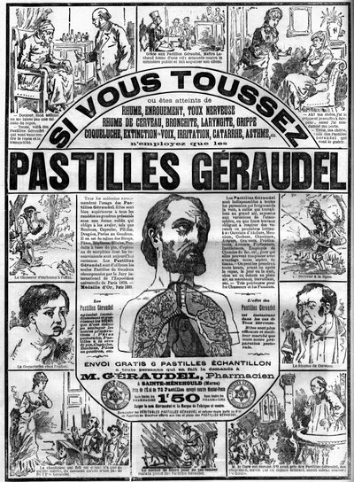 Reklama tabletek Geraudela przez farmaceutę Arthura Geraudela (1841-1906) a Sainte-Menehould (Sainte Menehould) przeciw kaszlowi. Grawerowanie w „Le monde słynny”” autorstwa Unknown artist