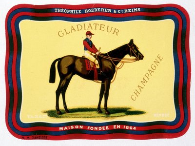 Etykieta reklamowa „” Gladiateur Champagne - Théophile Roederer & C¡. Reims - Dom założony w 1864 roku”. Chromolitografia b.d. autorstwa Unknown artist