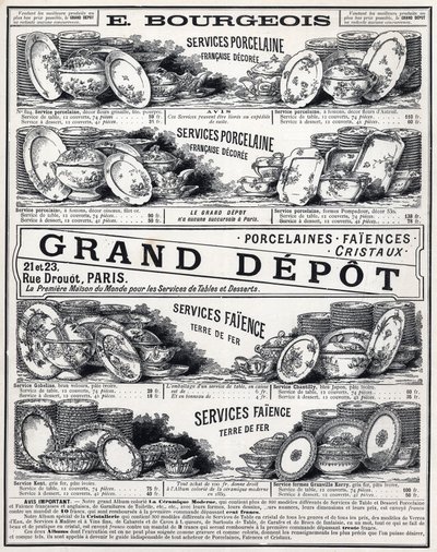 Reklama z 1889 r. dla „”La Ceramic Moderne By Le Grand Depot De Porcelaines, Faiences Et Verreries Bourgeois in Paris”” autorstwa Unknown artist
