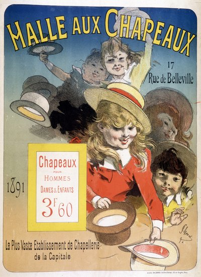Plakat reklamowy „Halle aux hats”, rue de Belleville w Paryżu autorstwa Unknown artist