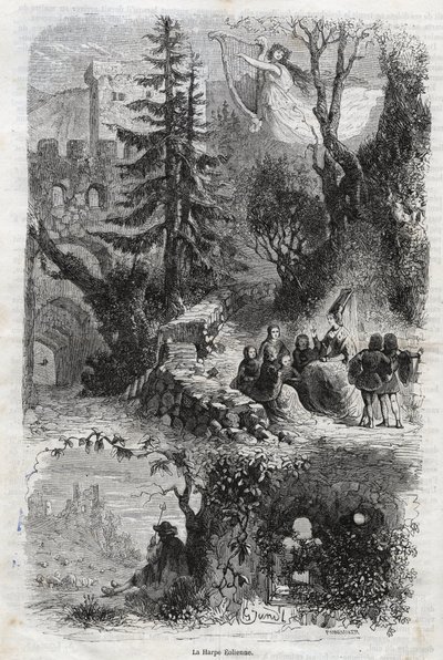 Harfa eolska - harfa dęta - Arpa eolia - harfa dęta - instrument muzyczny grany przez wiatr - rycina z 1860 roku autorstwa Unknown artist