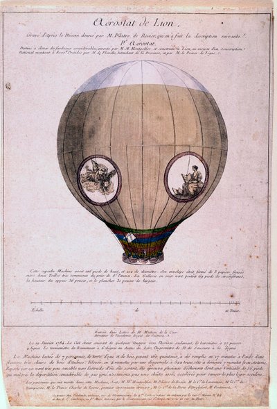 Aerostat de Lyon zbudowany z modelu braci Montgolfiere (Joseph i Etienne), około 1783. Rycina z XIX wieku. Paryż, B.N. autorstwa Unknown artist