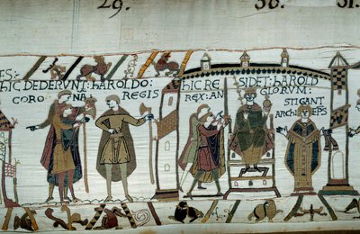 Po śmierci Edwarda Wyznawcy, Harold był koronowanym królem pod imieniem Harolda II w 1066 r. Szczegół gobelinu z Bayeux lub haftu królowej Matyldy autorstwa Unknown artist
