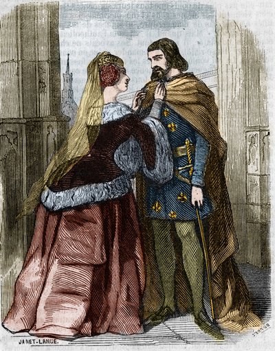 Agnes Sorel (1422-1450) (Pani Beaute sur Marne) (Beaute-sur-Marne) i król Francji Karol VII w opactwie Jumieges. Rycina XIX wieku. autorstwa Unknown artist