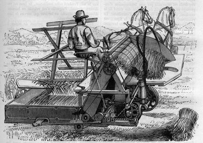 Rolnictwo i maszyny rolnicze: nowy kombajn ciągnięty przez konie, który automatycznie wiąże snopy bloczków na polach. Grawerowanie w „”La Nature”” autorstwa Unknown artist