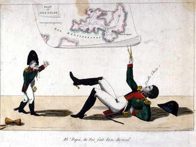 Ach, tato, zraniłeś się. Karykatura na wygnaniu Napoleona Bonaparte na wyspie Elba. autorstwa Unknown artist