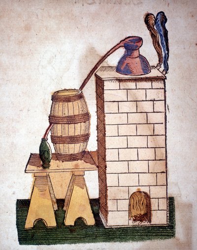 Alchemia: aparat do destylacji. Rycina z książki Pietro Andrea Mattioli (Matthiole) (1500-1577). Frankfurt autorstwa Unknown artist