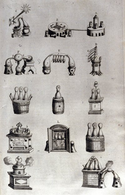 Alchemia: plansza przedstawiająca różne modele aparatury destylacyjnej i destylatorów. Athanase Kircher (lub Athanasius Kircheri 1602-1680), niemiecki jezuita. Grawerowanie z XVII wieku. autorstwa Unknown artist