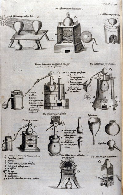 Alchemia: plansza przedstawiająca różne modele aparatury destylacyjnej i destylatorów. Athanase Kircher (lub Athanasius Kircheri 1602-1680), niemiecki jezuita. Grawerowanie z XVII wieku. autorstwa Unknown artist
