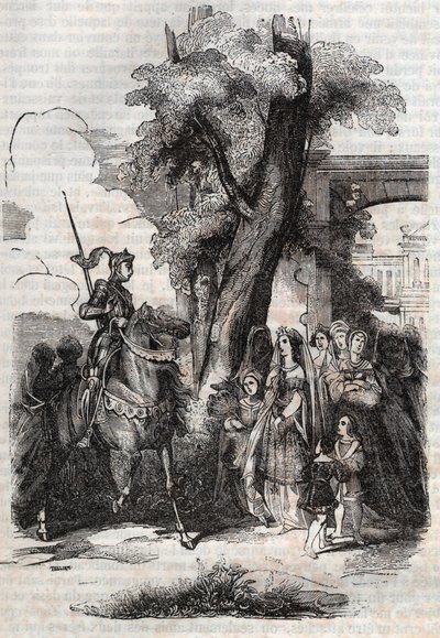 Alcina i jej dwór witają Ruggiero - rycina z 1851 r. z poematu Orlando furioso (1516) Ludovica Ariosto, - wydanie przetłumaczone z włoskiego przez hrabiego Tressan i wydane przez Gustave