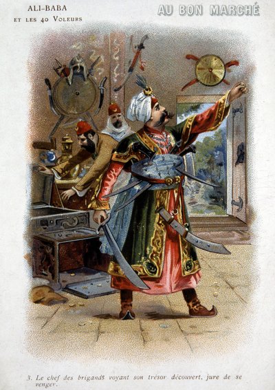 Ali - Baba (Ali Baba) i 40 Złodziei (opowieści tysiąca i jednej nocy): Wódz rabusiów widząc odkrycie swojego skarbu, przysięga zemstę - Tektura „Dobrego Marszu”, koniec XIX wieku autorstwa Unknown artist