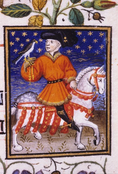 Alegoryczne przedstawienie maja. Młody lord z warkoczami ściskający na kolanie podwiązkę trzymający sokoła. Miniatura rękopisu z XIV wieku; autorstwa Unknown artist