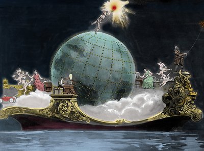 Alegoria o postępie nauki i techniki związanej z elektrycznością: na całym świecie reprezentowany jest włoski fizyk Guglielmo Marconi (1874-1937), wynalazca telegrafu, kobieta na bezprzewodowej stacji telegraficznej i po lewej Benjamin autorstwa Unknown artist