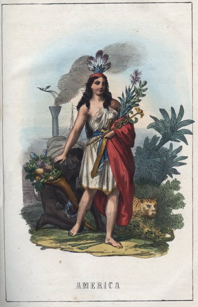 Alegoria Ameryki, frontyspis „Użycia i zwyczajów wszystkich narodów wszechświata”. Czyli Historia rządu, praw, milicji, religii wszystkich narodów od czasów najdalszych do dnia dzisiejszego „1856 autorstwa Unknown artist