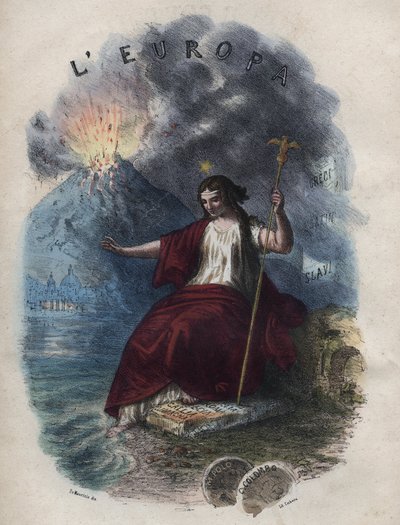 Alegoria Europy - rycina z „Zwyczajności Wszystkich Ludów Wszechświata”. Czyli Historia rządu, praw, milicji, religii wszystkich narodów od czasów najdalszych do dnia dzisiejszego „1856 autorstwa Unknown artist