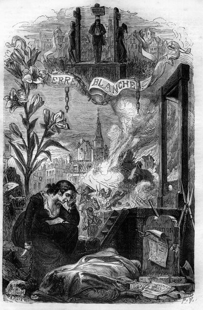 Alegoria La Terreur blanche we Francji w 1815 r. (reakcja królewska, jaka miała miejsce po upadku Napoleona na bonapartystów i byłych rewolucjonistów). Rycina XIX wieku. autorstwa Unknown artist