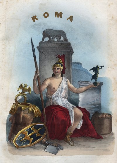 Alegoria Rzymu - grawer z „” Zwyczajów i Tradycji Wszystkich Ludów Wszechświata. Czyli Historia rządu, praw, milicji, religii wszystkich narodów od czasów najdalszych do dnia dzisiejszego „1856 autorstwa Unknown artist