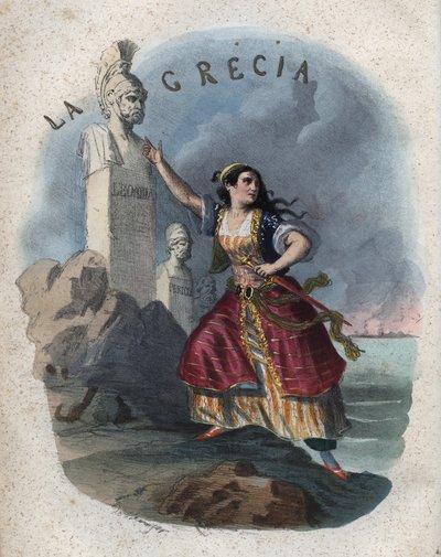 Alegoria Grecji - grawerowanie z „” Zwyczajów i Tradycji Wszystkich Ludów Wszechświata. Czyli Historia rządu, praw, milicji, religii wszystkich narodów od czasów najdalszych do dnia dzisiejszego „1856 autorstwa Unknown artist