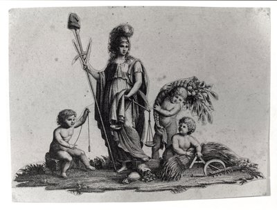 Alegoria Republiki Cisalpińskiej (Cisalpina) stworzona przez Napoleona Bonaparte 27.06.1797 na wzór francuski we Włoszech, która stała się Republiką Włoską w 1802. Przedstawione są symbole Republiki Francuskiej. Grawerowanie Museo del risorgimento, Mediola autorstwa Unknown artist