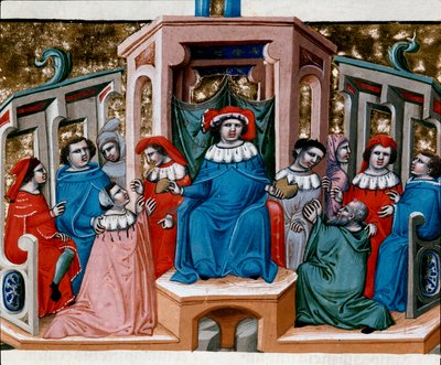 Alegoria prawa miniaturowego zaczerpnięta z Kodeksu Justyniana (Codex Justinianus), zbioru praw i instytucji wydanych za cesarza rzymskiego Bizancjum Justyniana I (483-565) autorstwa Unknown artist