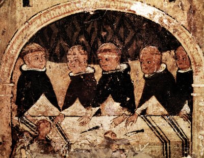 Ołtarz z życia św. Dominika Guzmana (1170-1221), założycielki zakonu dominikanów: grupa mnichów dominikańskich. Malarstwo na drewnie z XIII wieku. Neapol, Museo Nazionale di Capodimonte autorstwa Unknown artist