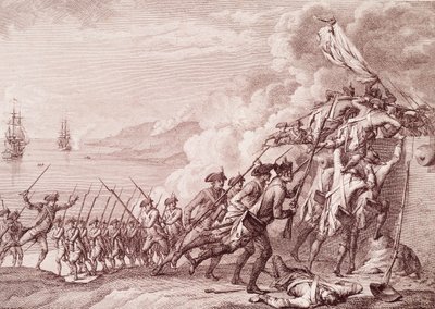 Amerykańska wojna o niepodległość: inwazja Dominiki przez armię francuską w dniu 7 września 1778 r. (Grawerowanie autorstwa Unknown artist