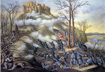 Amerykańska wojna secesyjna lub wojna domowa (1861 - 1865): 23.11.1863, Bitwa pod Lookout Mountain w Tennessee, atak znany dziś jako bitwa ponad chmurami z powodu mgły, która pozwoliła wojskom federalnym szybciej posuwać się naprzód. Rycina XIX wieku. autorstwa Unknown artist
