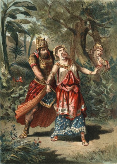 Amestris, żona króla Persów Kserksesa, zostaje uprowadzona przez sługę Artaynte. w „” Kult piękna”” autorstwa Juan Justo Huguet, redaktorzy Molinas Hermanos autorstwa Unknown artist