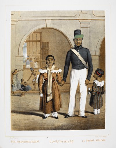 Afrykański żołnierz z rodziną. Mieszkańcy Indonezji. autorstwa Unknown artist