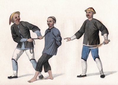 Oskarżony zostaje zabrany do więzienia, wiązany łańcuszkiem na szyi. Grawer, w „Kara Chińczyków”, Londyn autorstwa Unknown artist