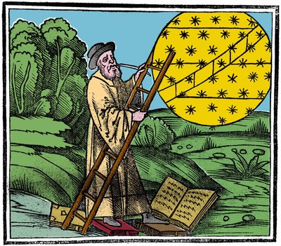 Astronom stawiający drabinę, by wspiąć się w niebo. autorstwa Unknown artist