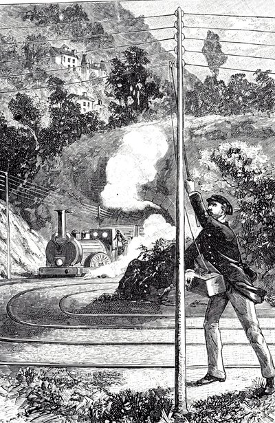 Uma gravura representando um trabalhador de trem enviando um sinal de emergência em postes telegráficos ferroviários autorstwa Unknown artist